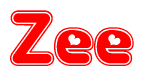 The image is a red and white graphic with the word Zee written in a decorative script. Each letter in  is contained within its own outlined bubble-like shape. Inside each letter, there is a white heart symbol.