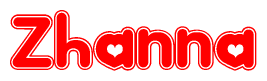 The image is a red and white graphic with the word Zhanna written in a decorative script. Each letter in  is contained within its own outlined bubble-like shape. Inside each letter, there is a white heart symbol.