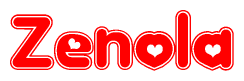 The image is a red and white graphic with the word Zenola written in a decorative script. Each letter in  is contained within its own outlined bubble-like shape. Inside each letter, there is a white heart symbol.