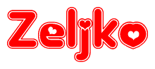 The image is a red and white graphic with the word Zeljko written in a decorative script. Each letter in  is contained within its own outlined bubble-like shape. Inside each letter, there is a white heart symbol.