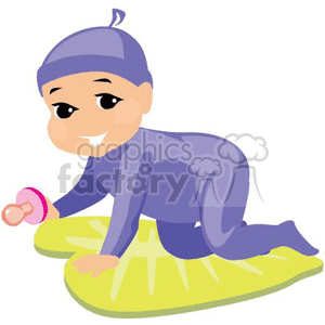 A Baby in a Purple Sleeper with a Cap Crawling Holding a Pink Pacifier