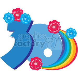 a blue thirty with blu and red flowers on the number and a rain bow on the 0