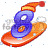 This animated GIF is the number 8 going down a slope on a snowboard. It is also wearing a yellow and red hat