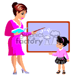  The image shows an animated clipart of a female teacher standing next to a blackboard with a piece of chalk in hand while talking to a young girl student. The blackboard has a simple math equation written on it (
