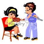 The clipart image depicts two cartoon children engaged in making music: a girl sitting on a chair playing a violin, and a boy standing beside her playing a flute. The children appear to be practicing or performing together. They're dressed casually and both have determined expressions on their faces, suggesting concentration on their music.