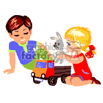 In this clipart image, there are two children playing with a toy wagon and a rabbit. One child, with short hair, is sitting on the ground wearing a blue and green outfit. They are holding onto the red toy wagon. The other child, with blonde hair styled in a ponytail and wearing a red dress, is beside the first child, petting a gray rabbit which is sitting inside the wagon.