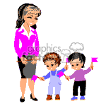 This clipart image depicts a woman standing with two young children, possibly representing a teacher with her students or a mother with her kids. The woman is shown with her hand on one child's shoulder, while the children each hold what appears to be a small flag or piece of paper.