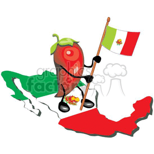 red chile pepper holding a mexican flag standing on a map of mexico