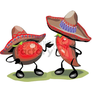 Clipart of a tomato and a chili pepper wearing sombreros celebrating Cinco de Mayo.