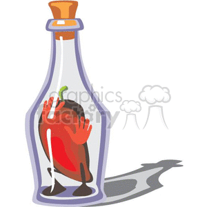 A humorous clipart image of a chili pepper trapped inside a glass bottle, representing hot sauce with a comical twist.