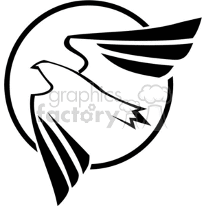 A black and white clipart image of a stylized bird in flight with a circular background.
