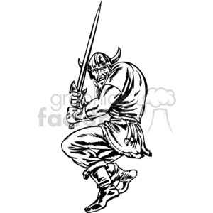 Clipart image of a fierce Viking warrior in a dynamic pose wielding a sword, wearing a horned helmet and traditional Viking clothing.