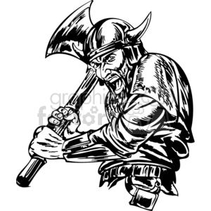 Black and white clipart of a Viking warrior wearing a horned helmet, holding and swinging an axe.