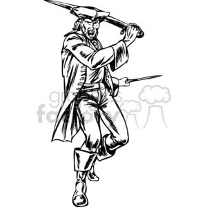 Black and white clipart image of a fierce-looking pirate wielding a sword. The pirate is dressed in traditional 18th-century attire, including a tricorn hat, coat, and boots, with an intense expression on his face.