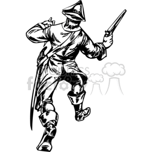 Clipart image of a historical pirate or sailor holding a pistol and wearing traditional attire, including a tricorn hat, boots, and a sash.