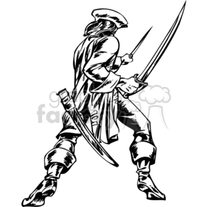 Illustration of a pirate holding two swords, depicted in a dynamic fighting stance with a sword sheathed at their side, dressed in traditional pirate attire.