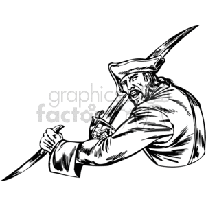 Illustration of a fierce pirate holding two swords, ready for battle.