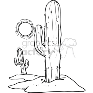 A black and white clipart image depicting large cactus plants in a desert setting with a stylized sun overhead.