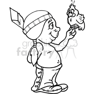 A clipart image depicting a child with a feathered headband interacting with a bird perched on their finger. The child is smiling and appears to be enjoying the interaction with the bird. The image is in black and white, suitable for coloring.