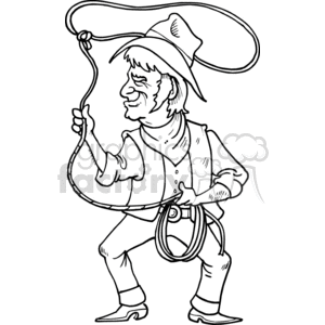 A black and white clipart image of an old cowboy holding a lasso.