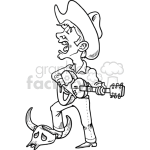 A black and white cartoon clipart image of a cowboy singing passionately while playing a guitar. The cowboy is wearing a wide-brimmed hat, boots, and stands with one foot on a bull skull.