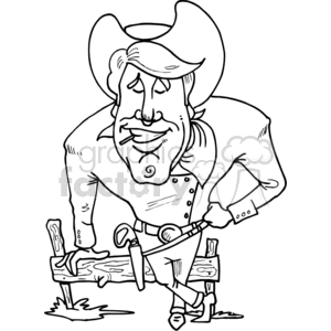 A black and white clipart image of a cowboy leaning against a wooden fence, wearing a hat, boots, and holster, with a relaxed and confident expression.