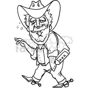 A whimsical black-and-white clipart image of an intoxicated cowboy. The cowboy is wearing a large hat, a vest, and cowboy boots with spurs. He appears to be unsteady on his feet and has a comical, tipsy expression, with bubbles indicating drunkenness. He holds a bottle marked with 'XXX', typically signifying alcohol.