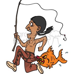 A humorous clipart image of a person with a ponytail, holding a fishing rod and running while being bitten on the pants by a large, angry orange fish.