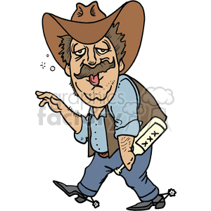 A humorous clipart image of a drunken cowboy character wearing a hat, vest, and boots with spurs. The character is shown staggering, with a bottle labeled 'XXX' in hand, and has a silly expression with his tongue sticking out.