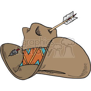 Clipart image of a cowboy hat with a decorated band and an arrow pierced through it.