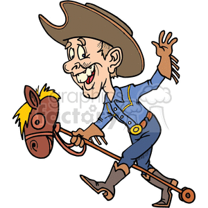 A cartoon of a happy cowboy riding a stick horse, wearing a cowboy hat, gloves, and boots.