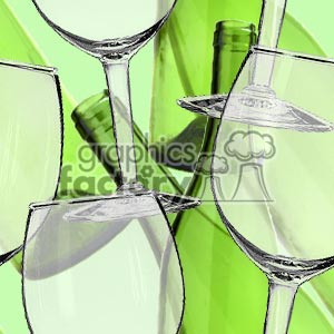This clipart image features multiple translucent wine glasses and green wine bottles overlapping each other, creating a layered effect against a light green background.