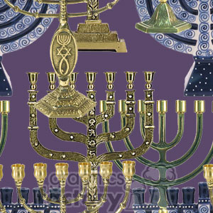This clipart image contains various designs of menorahs on a purple background.