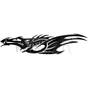 This clipart image features a stylized black and white dragon, designed in a tribal tattoo art style. The dragon is depicted with exaggerated features such as sharp edges, spikes, and a fearsome expression, making it suitable for vinyl cutting and signage applications due to its bold and clear contrasts.