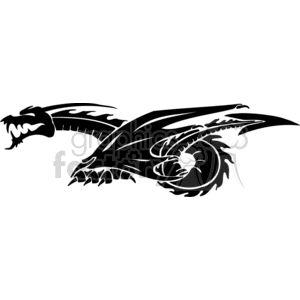 The image is a black and white vector illustration of a dragon in a stylized design. It is a graphic art suitable for tattoos, vinyl cutting, or signage due to its bold and simplified stencil-like design. The dragon appears to have its wings spread and its mouth open, showcasing a fierce and dynamic stance.