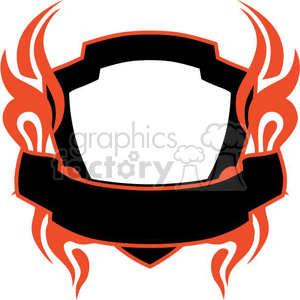 A shield-shaped clipart badge with orange and black flames and a blank black banner.