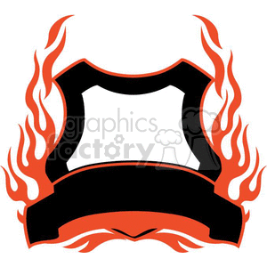 A clipart image depicting a shield-like shape bordered with stylized orange flames, with a blank black banner at the bottom.