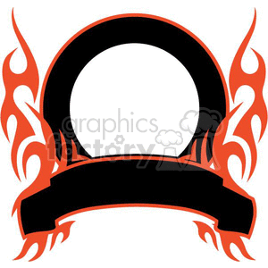 A clipart image featuring a circular frame with red flames on both sides and a blank banner beneath it.