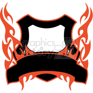 A clipart image featuring a blank emblem with flames. The emblem has a shield-like shape in black, highlighted with red flames on both sides. Below the shield, there is a blank black banner for customization.