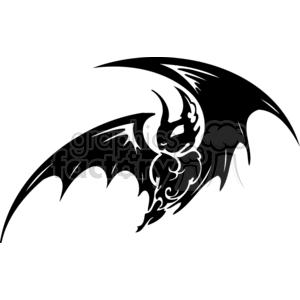 The image is a black and white clipart of a stylized bat in flight. The bat has its wings extended and features ornate patterns within its body and wings, giving it an artistic, almost tribal appearance. This design is likely suitable for vinyl cutting, as suggested by the term vinyl+ready in the keywords. It evokes a spooky or Halloween-themed aesthetic.