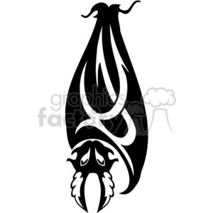 This clipart image features a stylized illustration of a bat. The bat is depicted hanging upside down with its wings folded around its body, which is a common resting position for bats. The image is designed with bold black and white contrasts, making it suitable for vinyl-ready applications. It has a spooky or scary aesthetic that could associate it with Halloween themes or the concept of nocturnal creatures.