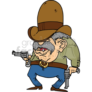 A cartoon-style clipart image of an angry cowboy gunslinger with a large hat, mustache, and two revolvers.