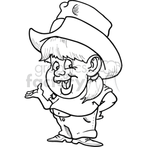 A funny cartoon illustration of a girl dressed as a cowgirl, wearing a cowboy hat and holding her hand out.