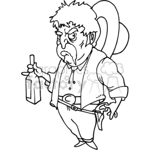 A cartoon image of a rugged, angry cowboy holding a whiskey bottle.