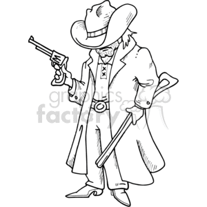 A cartoon illustration of a cowboy gunslinger holding a revolver and a rifle, appearing stern and serious.