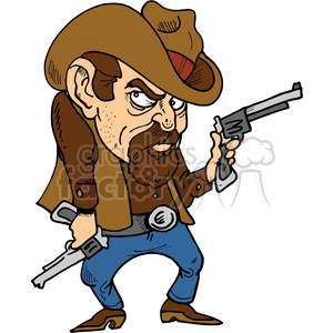 The clipart image depicts a cartoonish, angry cowboy, or gunslinger, holding two guns. He is wearing western attire and has a mean expression on his face. The image is in vector format and is intended to be used for decorative or illustrative purposes.
