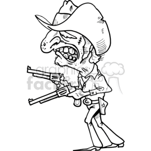 A humorous cartoon drawing of a cowboy gunslinger with an angry expression, holding two guns and wearing a cowboy hat.