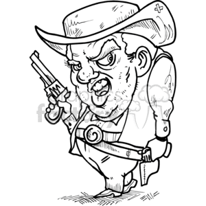 A humorous cartoon depiction of a grumpy cowboy gunslinger with a large hat, holding a gun.