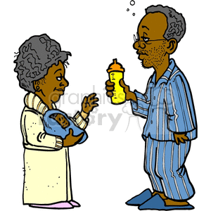 A humorous clipart image of a tired African American couple feeding a newborn late at night. The mother is holding the baby while the father, looking sleepy in pajamas, holds a baby bottle.