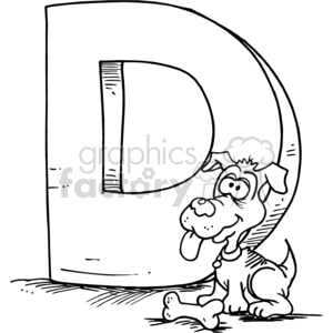black and white cartoon letter D with dog